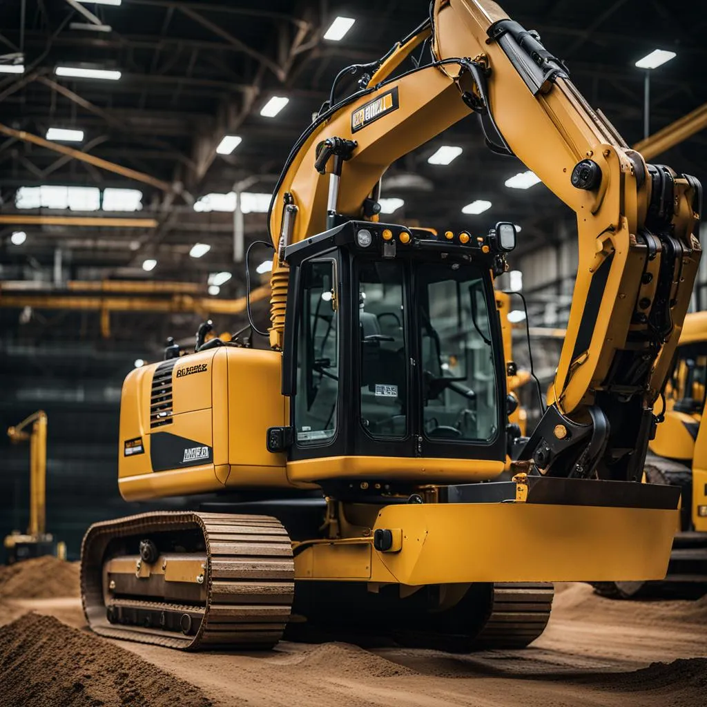 a yellow HYDREMA hydraulic excavator, prominently featured in an indoor heavy machinery warehouse, showcasing the expertise of Advantage Construction Equipment in new, used, and rebuilt final drives.